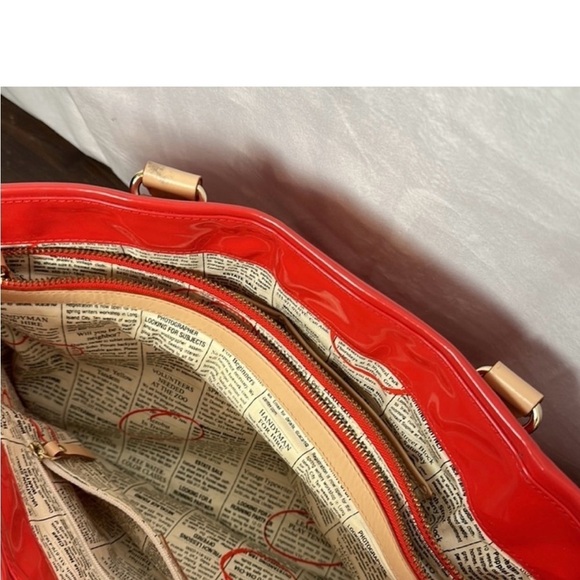Fire engine red patent leather Kate Spade bag with “classified ads” interior - Picture 8 of 9